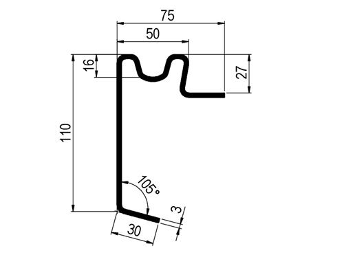 Výška profilu H = 110 mm
Tloušťka podlahy B = 27 mm
Tloušťka materiálu C = 3,0 mm
Délka profilu L = 7500 mm
